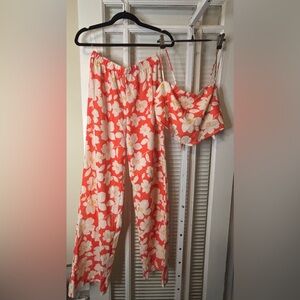 Floral Tropical Two-Piece Set in Orange and Cream-Size Medium